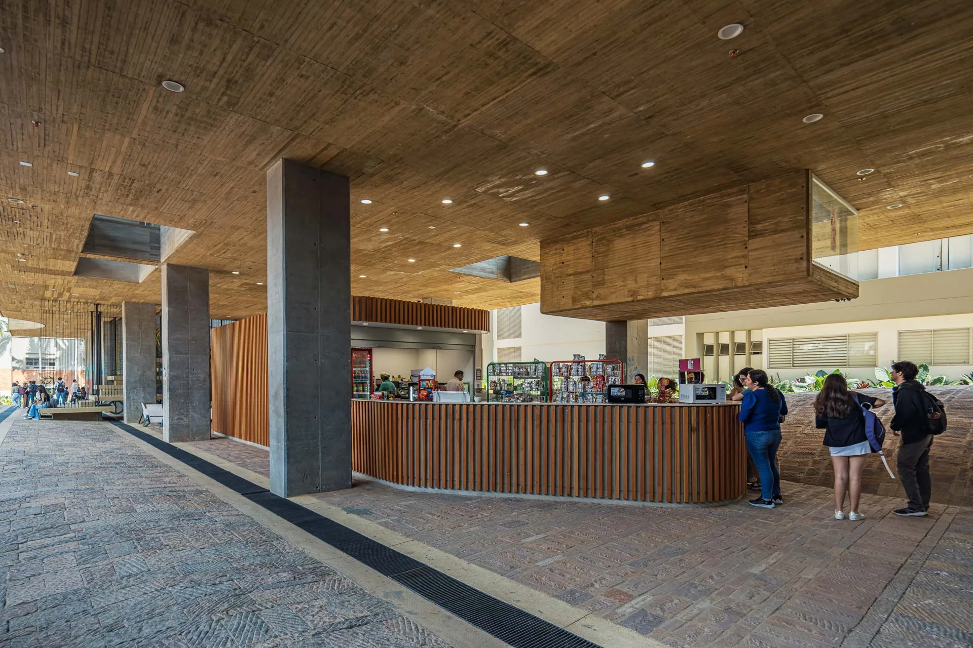 Auditorio principal con revestimientos acústicos de madera y concreto expuesto.